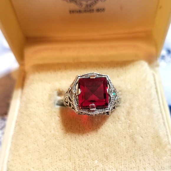 𝅺GORGEOUS! Deco Revival Filigree Ruby Aussie Opal Sterling Ring - Picture 2 of 7